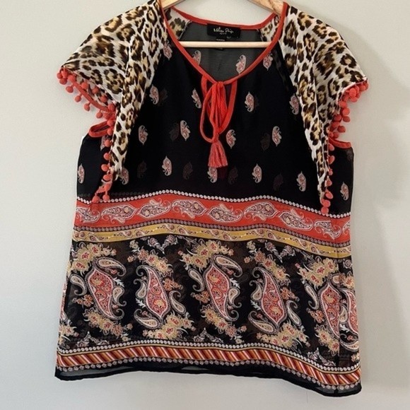 Melissa Paige Tops - Melissa Paige Sheer Top Tie Neck Pom Pom Sleeve Sz Small Petite